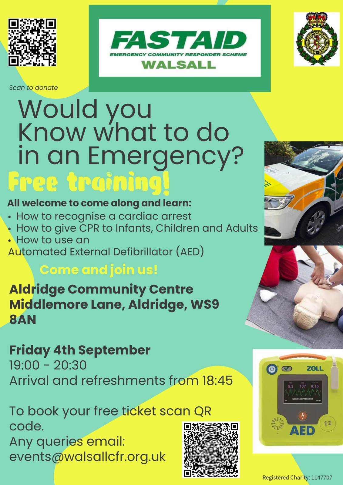 Flyer for 'Fast Aid' from Walsall advertising free training for what to do in a medical emergency. The session will be held at Aldridge Community Centre on Friday 4th September, 1900-2030. Book free tickets via events@walsallcfr.org.uk